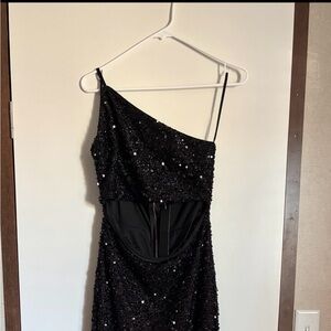 SHEIN Black Sequin One-Shoulder Prom Dress